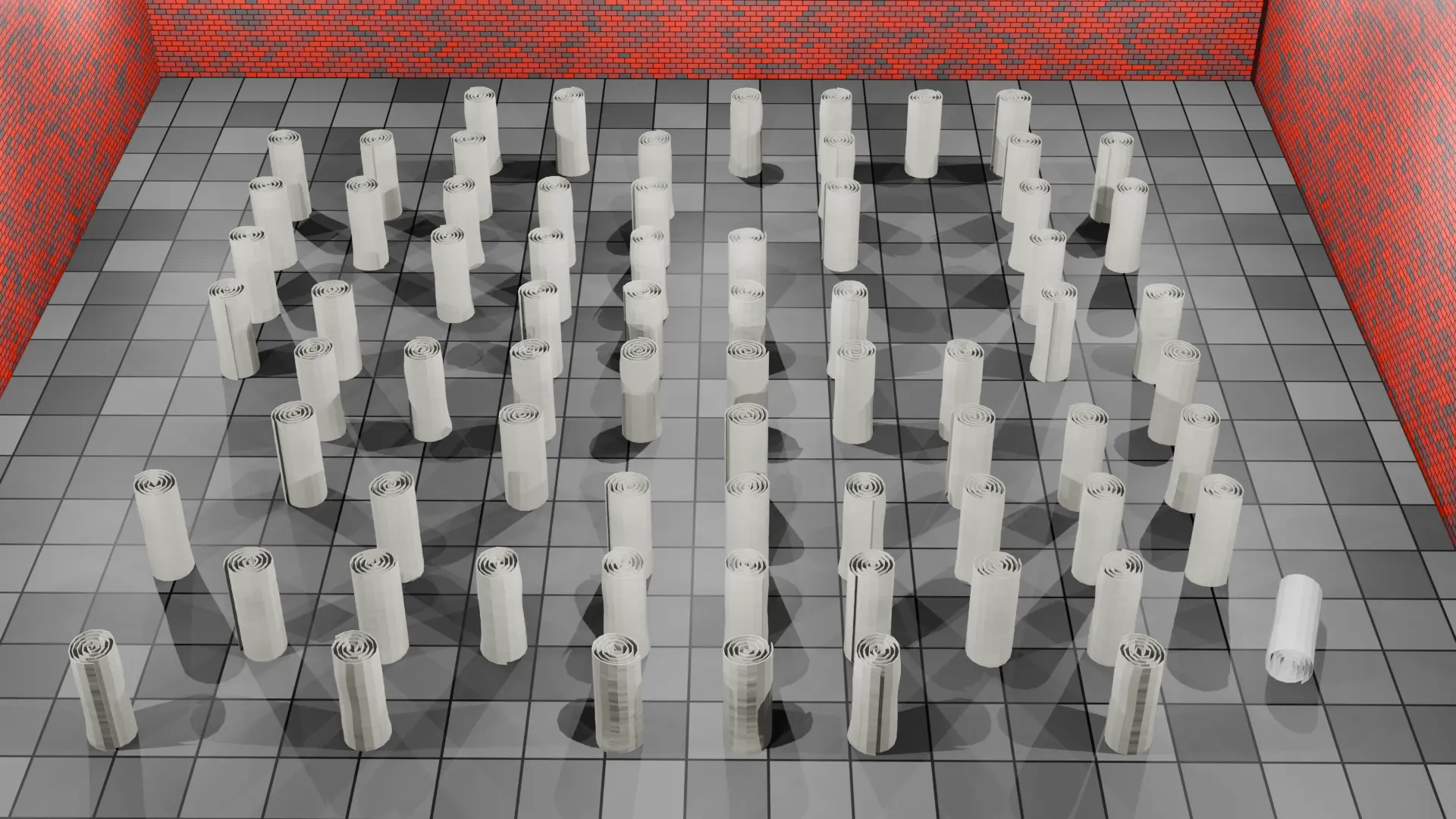 3d render of rolls of paper layed on a factory floor.